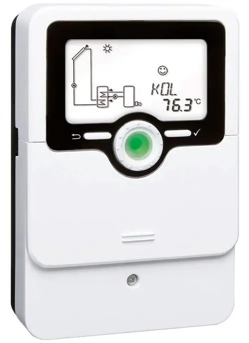 Daikin Solarregler mit digitalem Display, Temperaturanzeige und grafischen Symbolen für die Steuerung eines Drucksolarsystems in kompaktem, weißen Gehäuse.